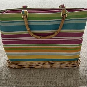 Cappelli Straworld Vintage Pastel Stripe‎ Purse Handbag Bamboo Handles Y2K